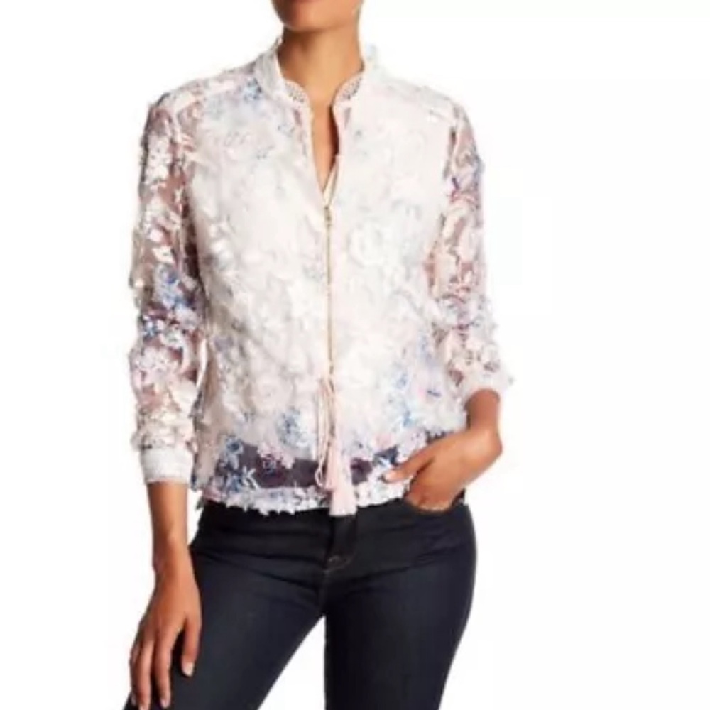 NEW T Tahari Mariah Lace Pink Floral Applique Jacket